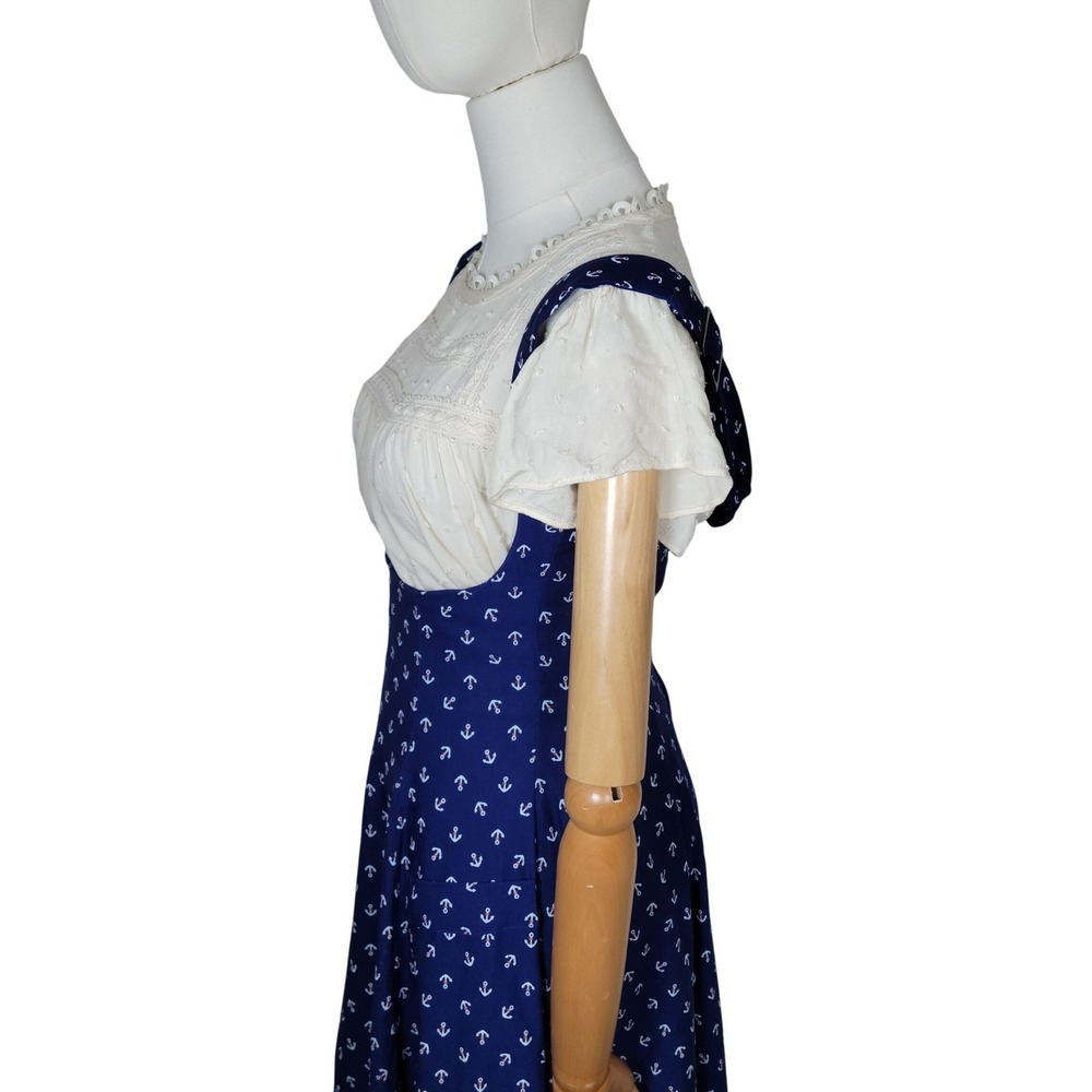 Unique Vintage Nautical Anchor Print Sailor Dress Retro Pin Up Midi Suspender XS - Picture 3 of 8